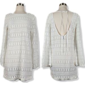 Minkpink Ivory Sheer Dainty Lace Crochet Knit Open Back Boho Sweater Dress M